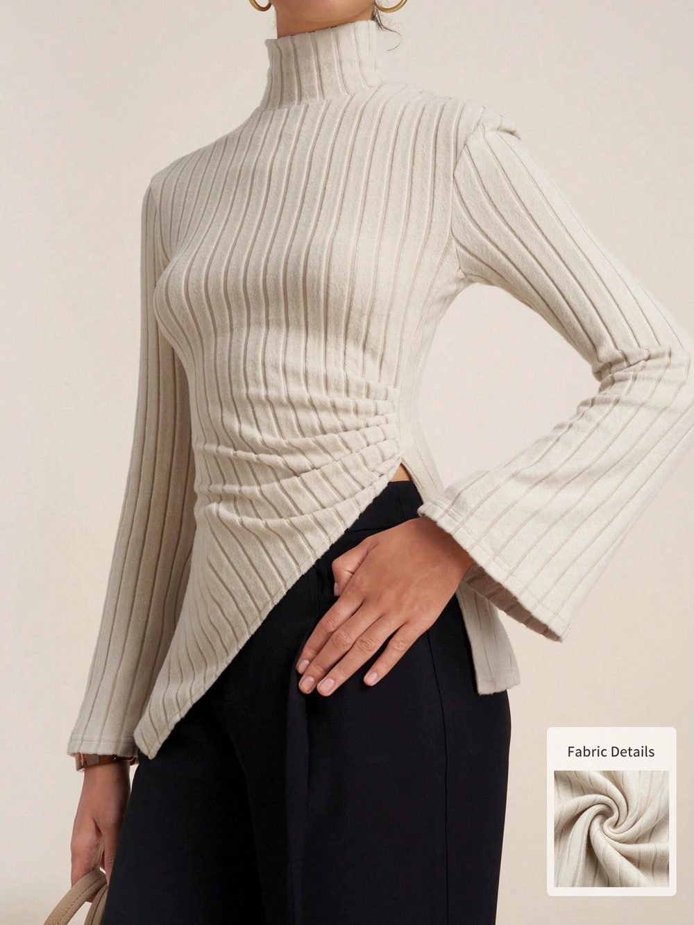 ZARA Mock Neck Long Sleeve Side Shirring Irregular Slit Flared Sleeve Top